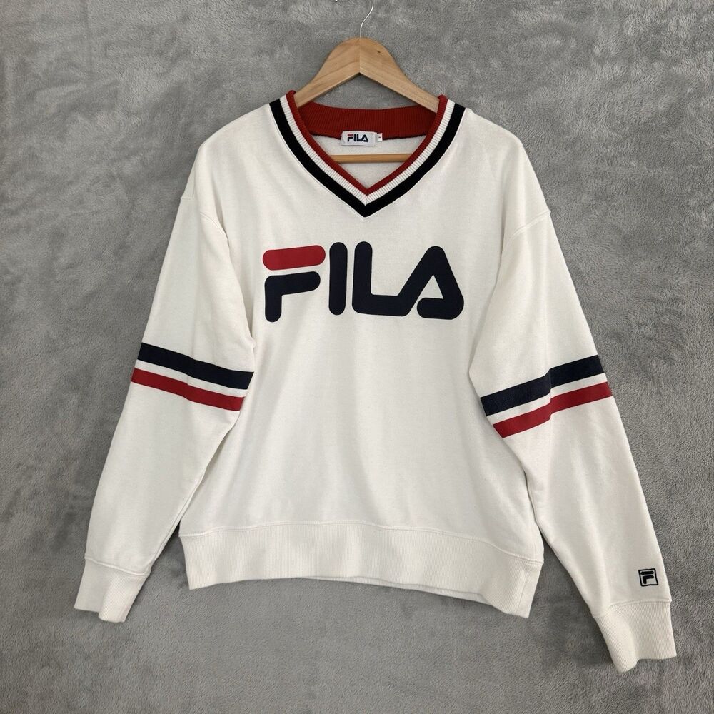 Vintage FILA Sweatshirt Unisex F Blue Red Stripe Sleeve Logo Crewneck